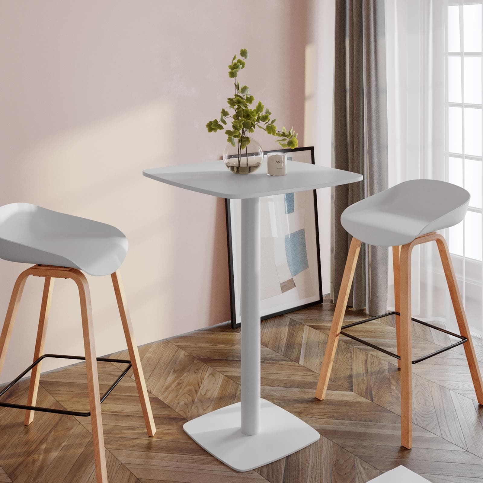 Tavolo alto 60x60 cm top bianco con bordi arrotondati con base in metallo bianco - Caio Round