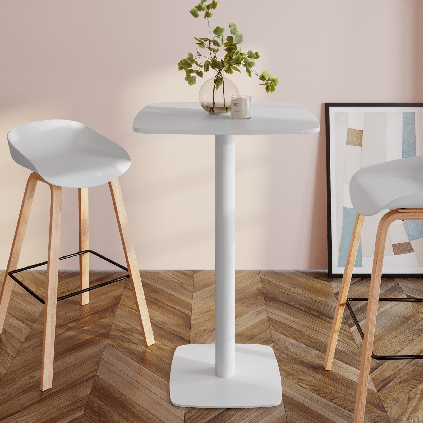 Tavolo alto 60x60 cm top bianco con bordi arrotondati con base in metallo bianco - Caio Round