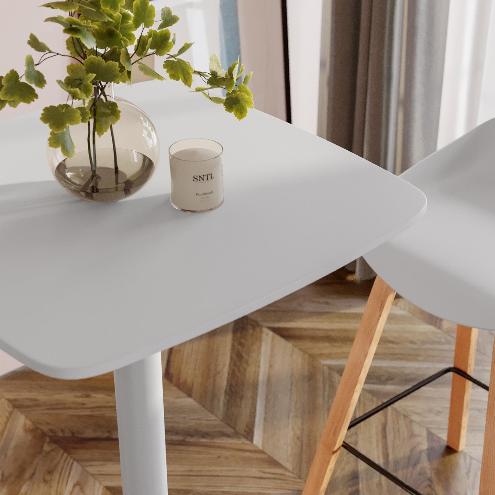 Tavolo alto 60x60 cm top bianco con bordi arrotondati con base in metallo bianco - Caio Round