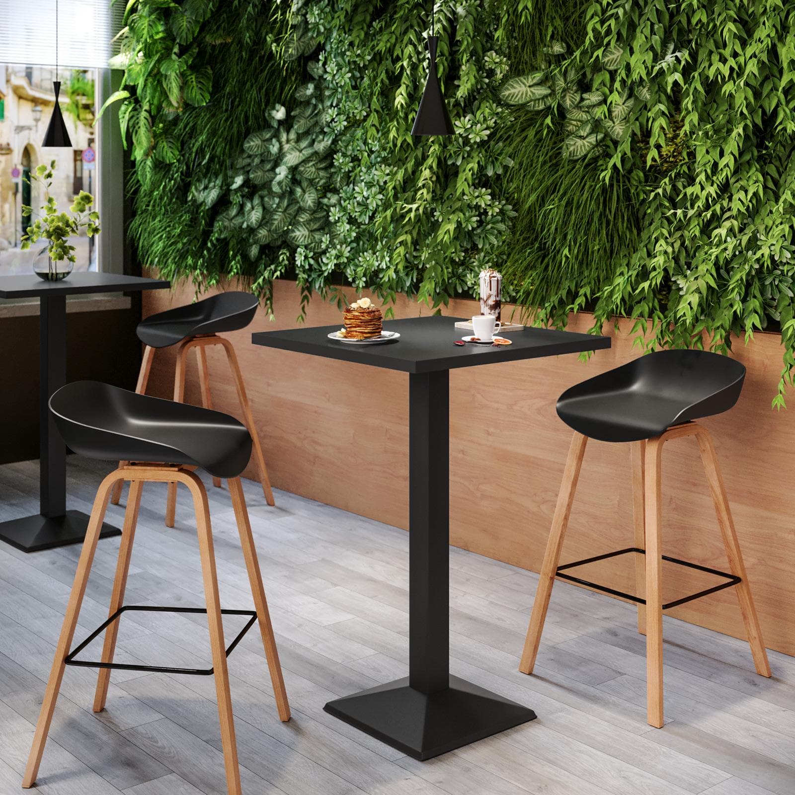 Tavolo alto 70x70 cm top nero con struttura in metallo nero - Caio