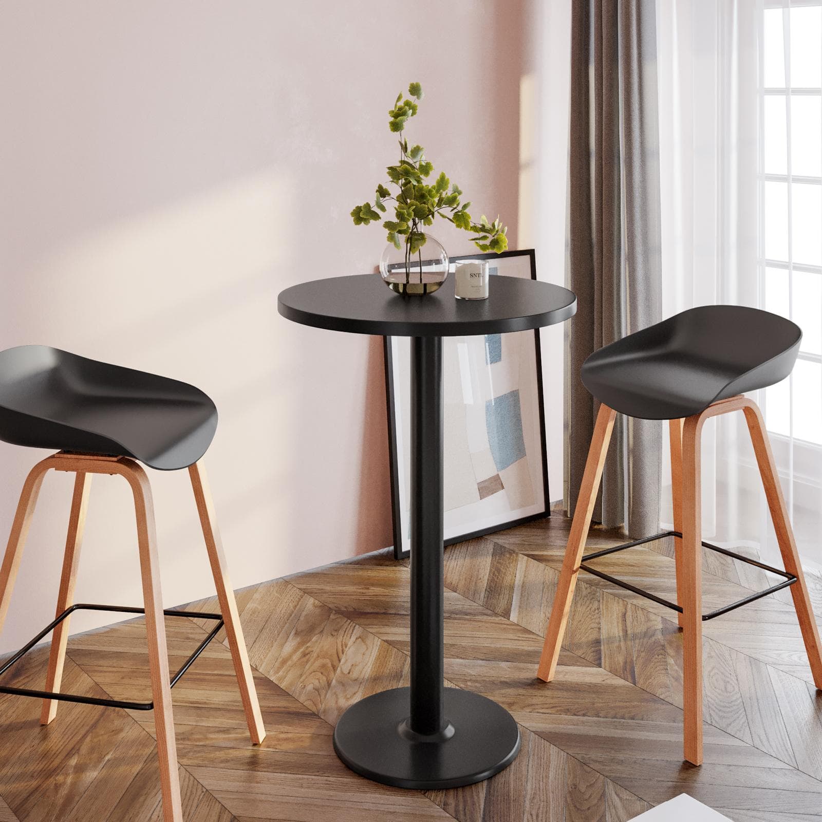 Tavolo alto rotondo 60 cm top nero con struttura in metallo nero - Caio