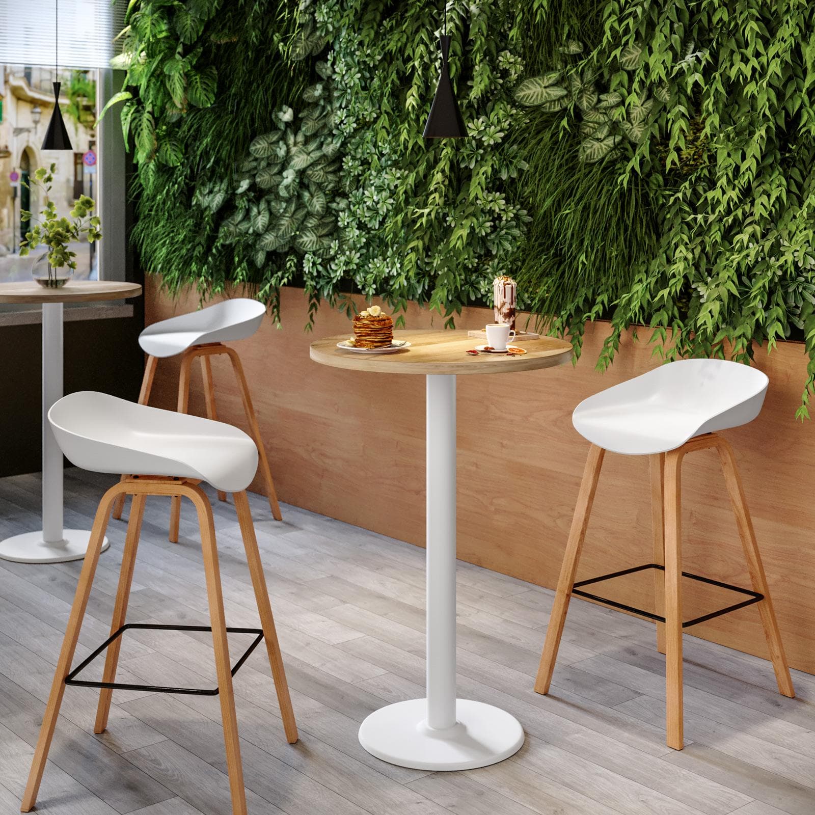 Tavolo alto rotondo 60 cm con piano rovere e struttura in metallo bianco - Caio
