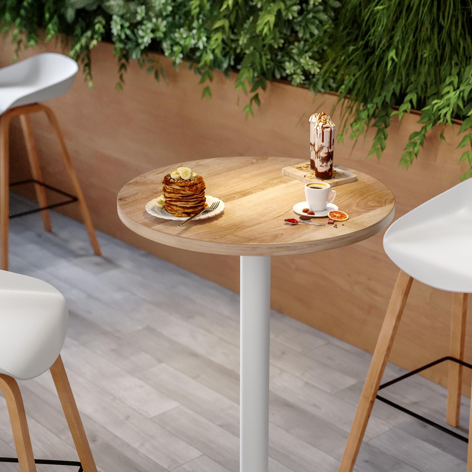 Tavolo alto rotondo 60 cm con piano rovere e struttura in metallo bianco - Caio