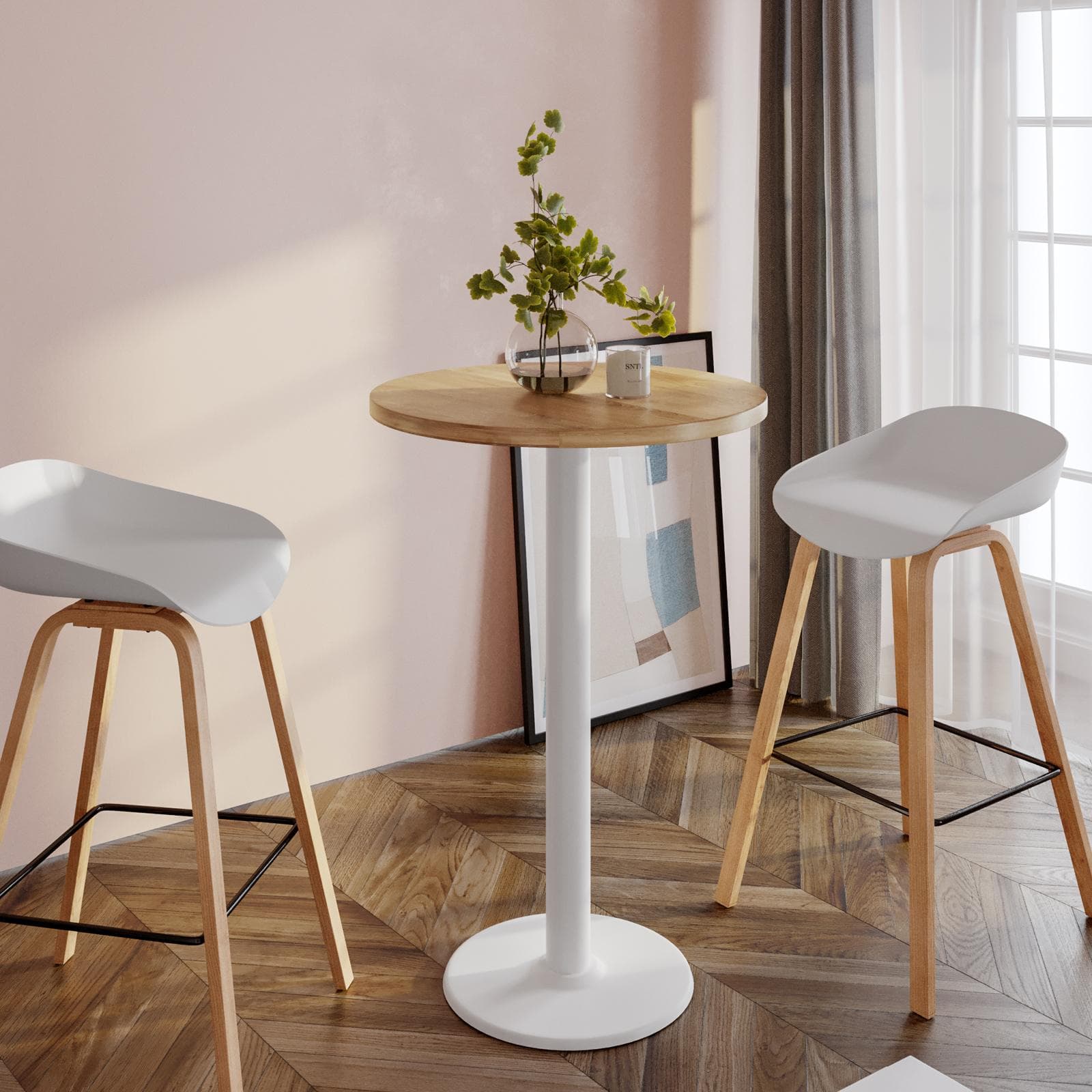 Tavolo alto rotondo 60 cm con piano rovere e struttura in metallo bianco - Caio