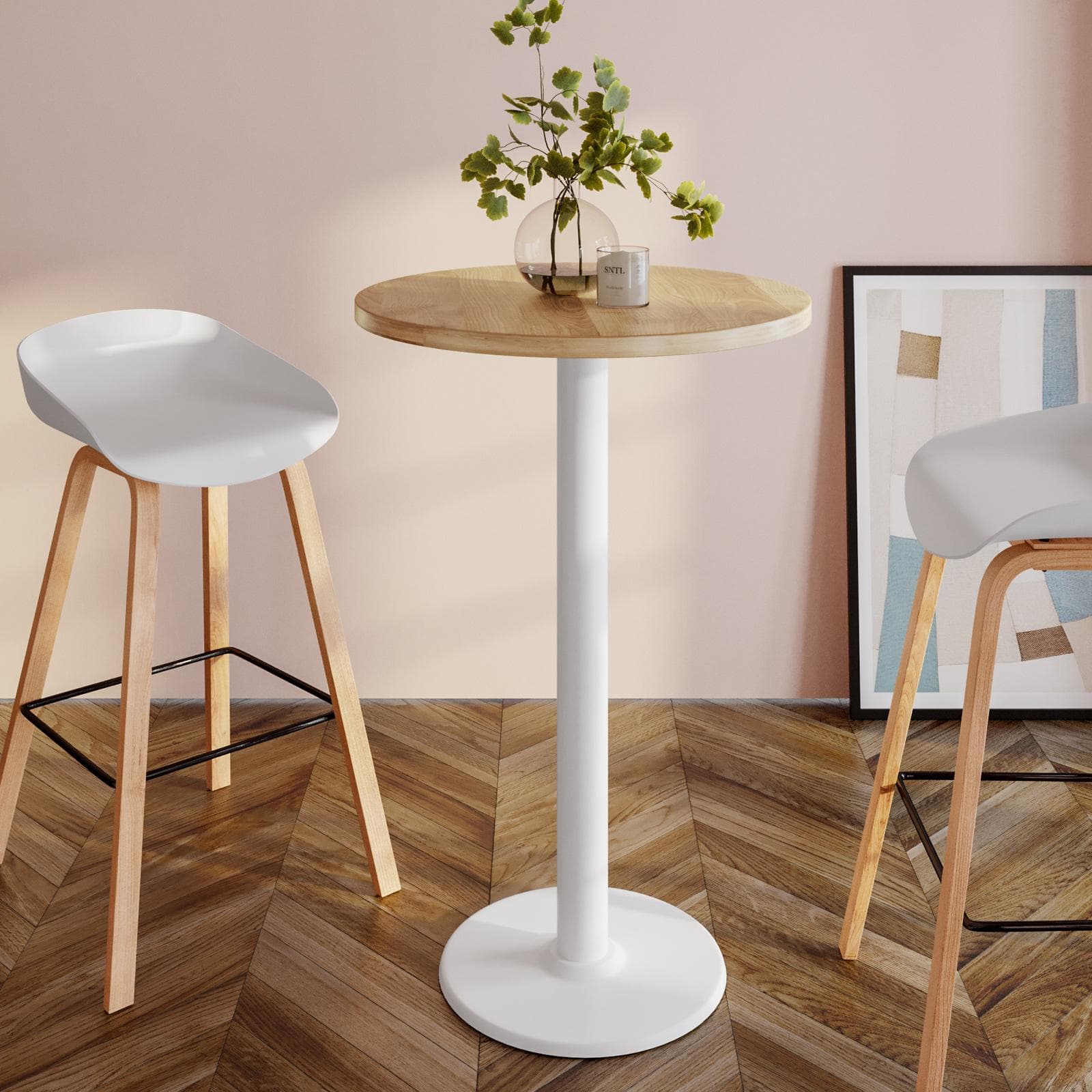 Tavolo alto rotondo 60 cm con piano rovere e struttura in metallo bianco - Caio