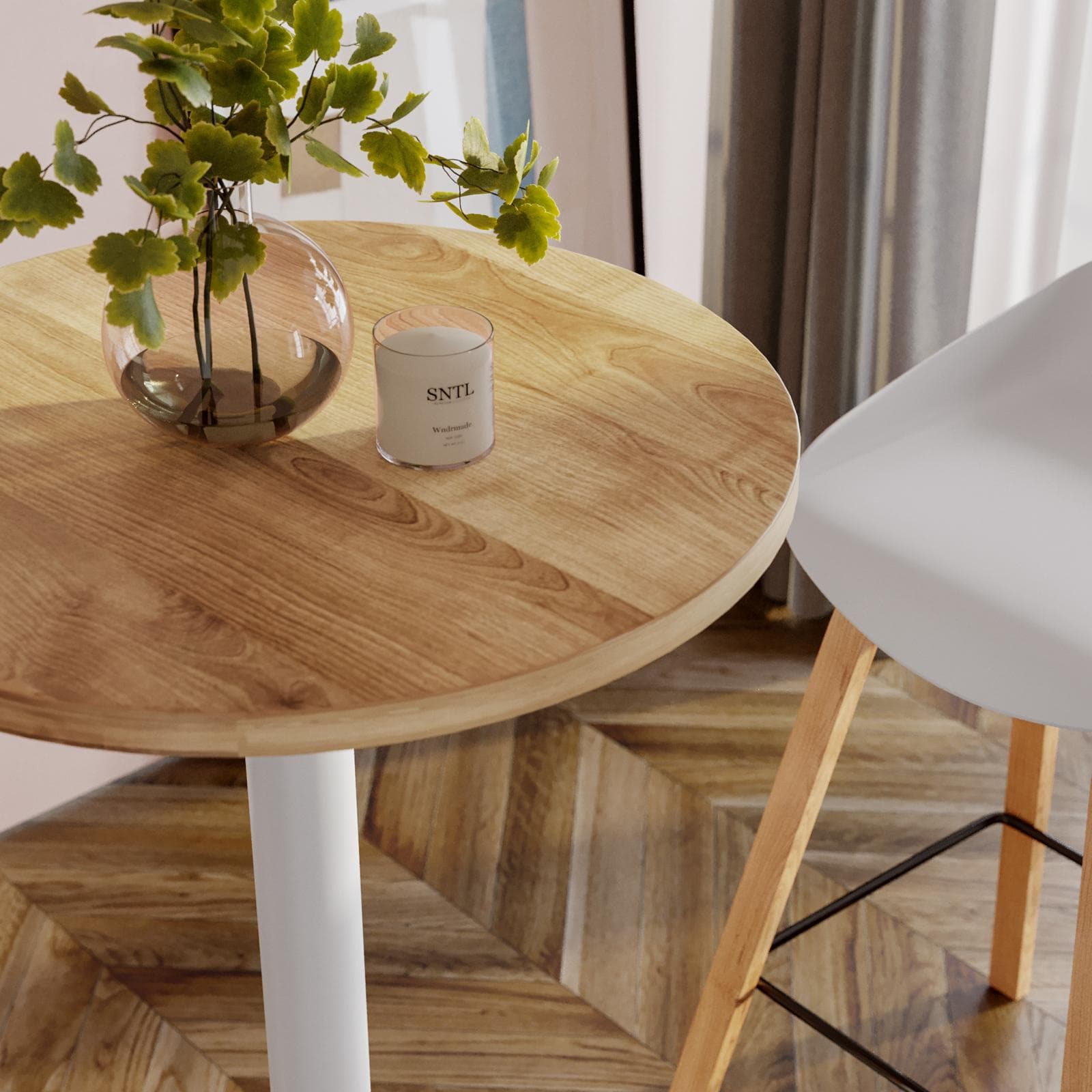 Tavolo alto rotondo 60 cm con piano rovere e struttura in metallo bianco - Caio