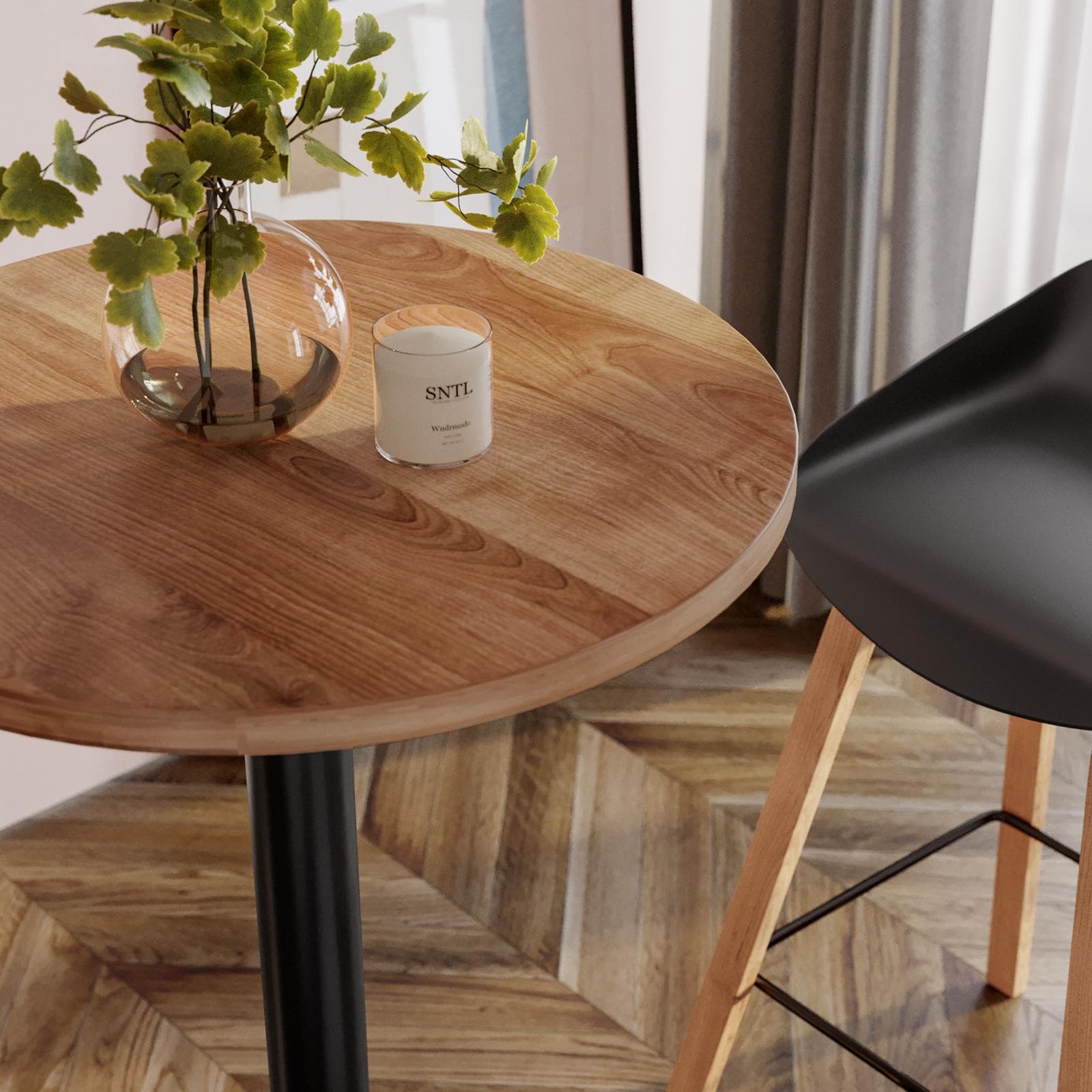 Tavolo alto rotondo 60 cm con piano rovere scuro e struttura in metallo nero - Caio