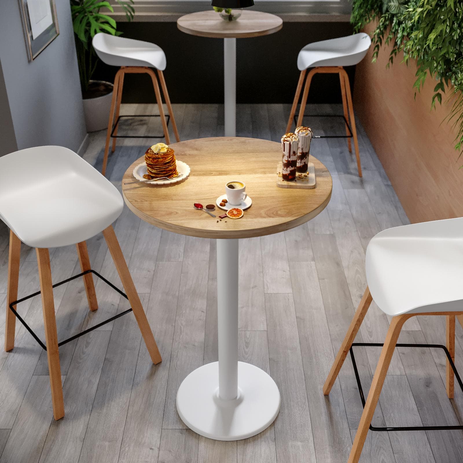 Tavolo alto rotondo 80 cm con piano rovere e struttura in metallo bianco - Caio