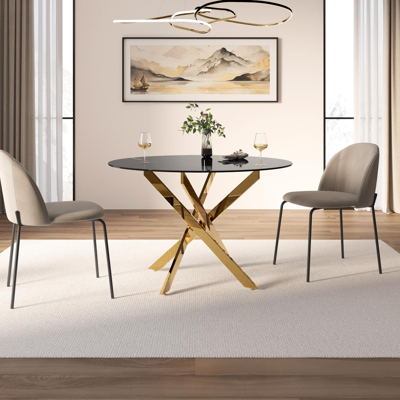 Tavolo da pranzo rotondo 120 cm piano in vetro effetto marmo nero 10 mm e gambe incrociate oro - Noel