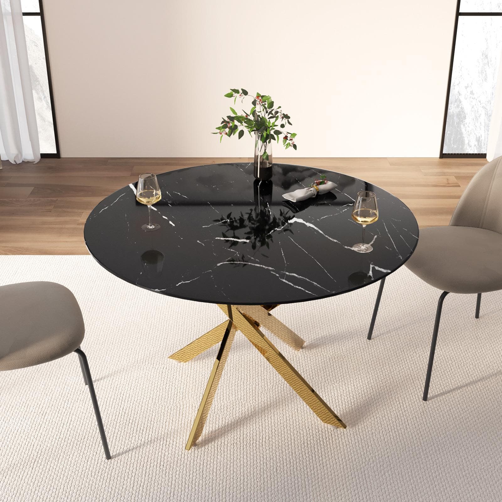 Tavolo da pranzo rotondo 120 cm piano in vetro effetto marmo nero 10 mm e gambe incrociate oro - Noel