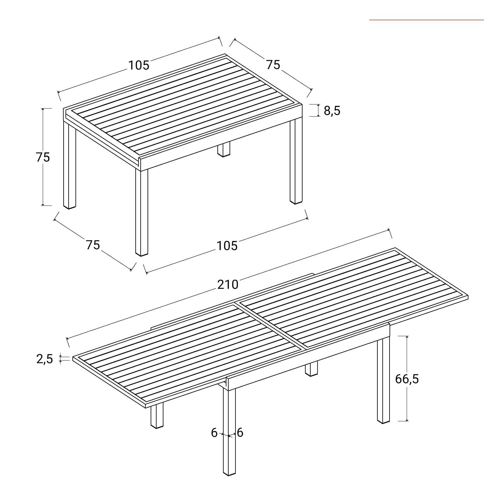 Tavolo da esterno allungabile 105/210x75 cm in alluminio vaniglia con top a doghe - Carioca