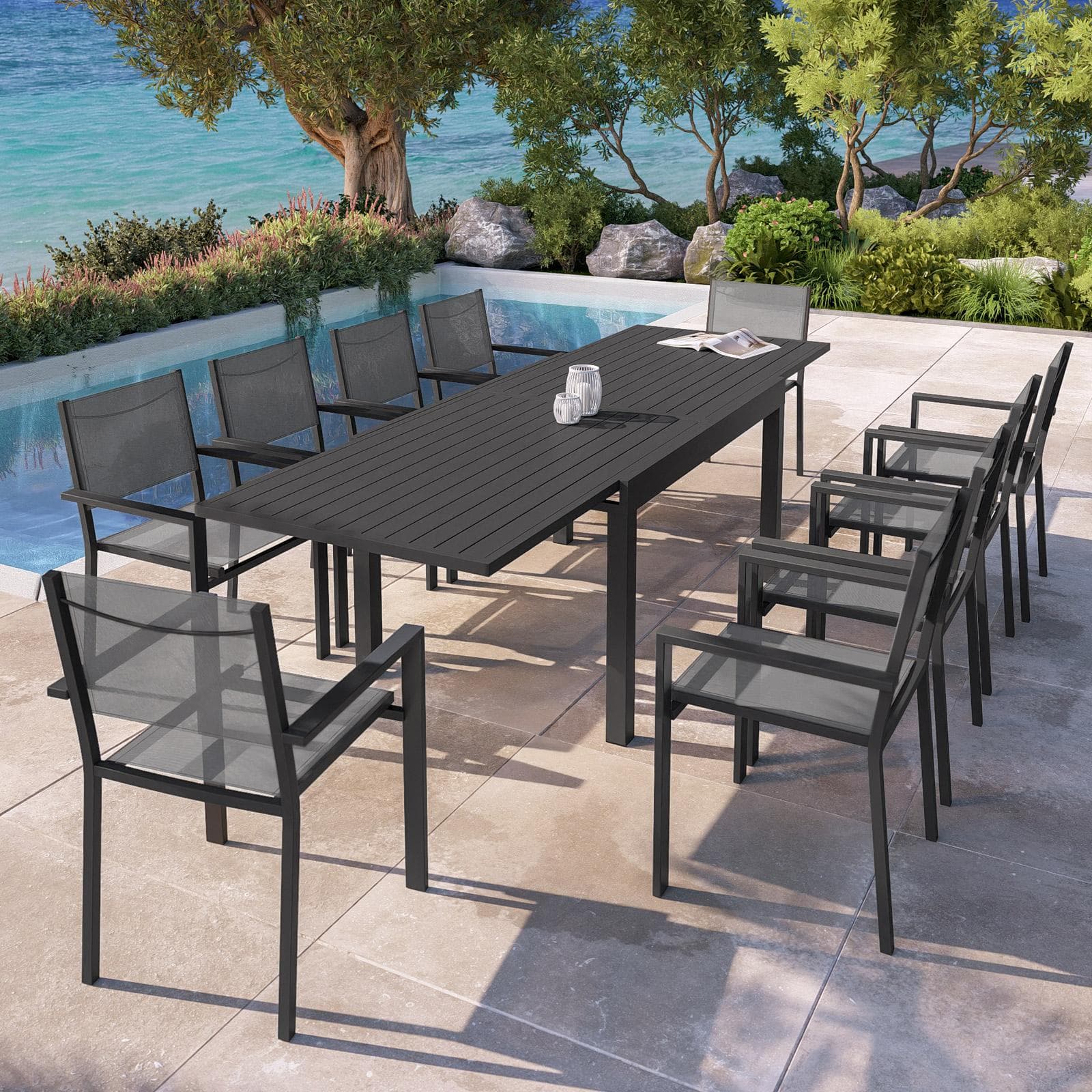 Tavolo da esterno allungabile 135/270x90 cm in alluminio antracite con top a doghe - Carioca