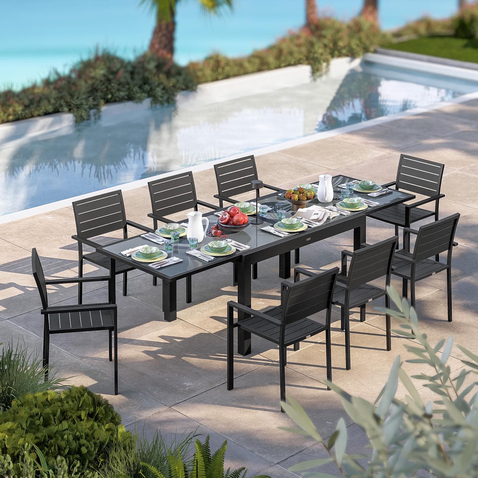 Tavolo da esterno allungabile 135/270x90 cm in alluminio antracite con top in vetro - Carioca