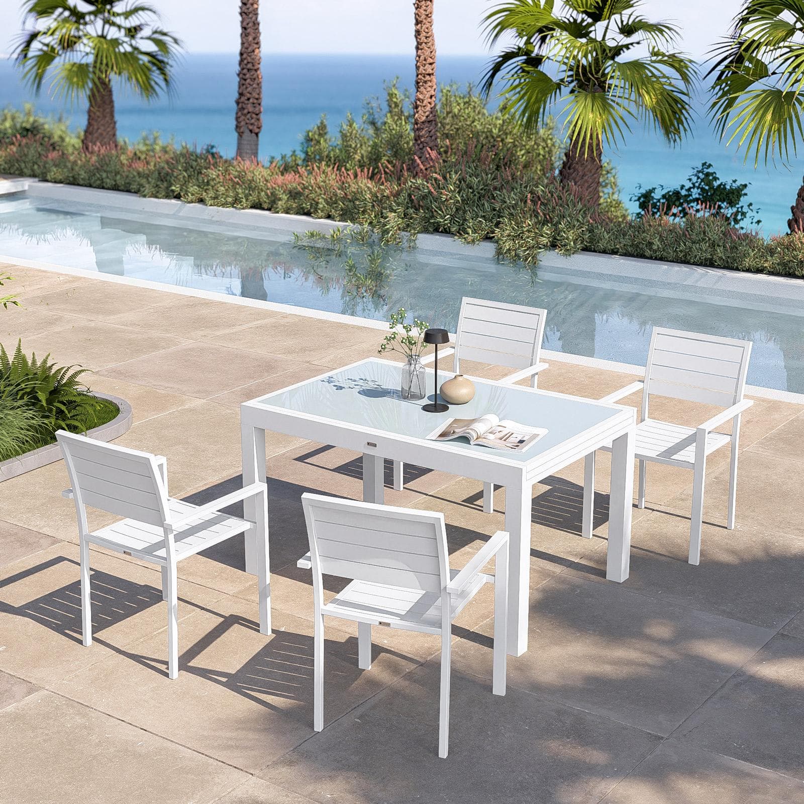 Tavolo da esterno allungabile 135/270x90 cm in alluminio bianco con top in vetro - Carioca