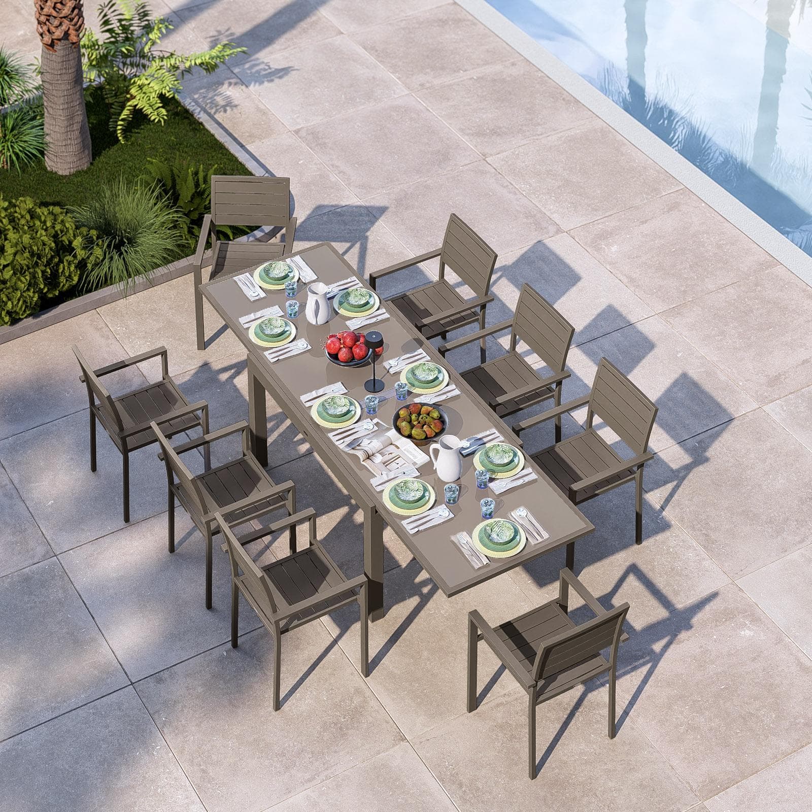 Tavolo da esterno allungabile 135/270x90 cm in alluminio tortora con top in vetro - Carioca