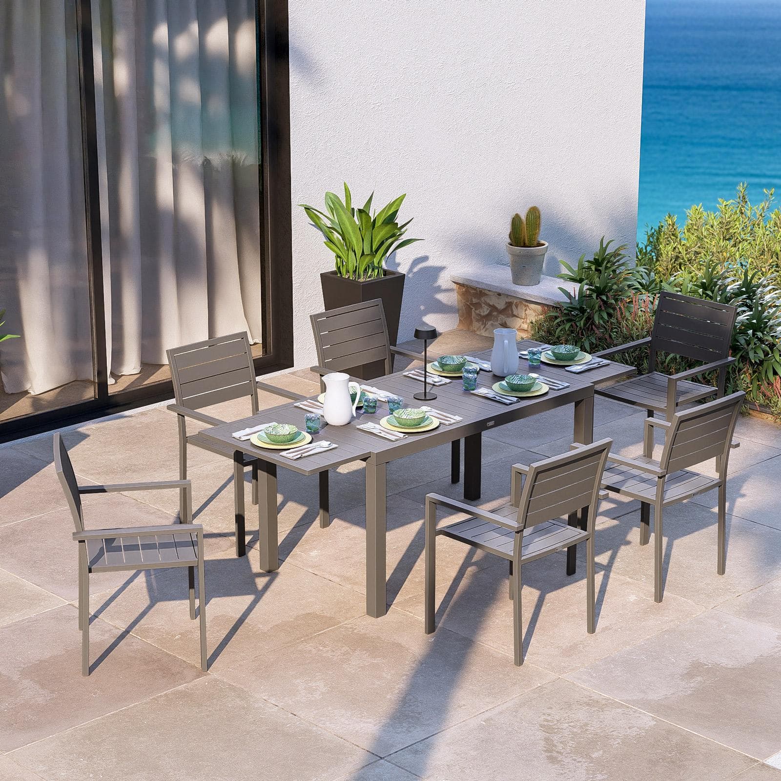 Tavolo da esterno allungabile 140/210x77 cm in alluminio tortora con top a doghe - Carioca