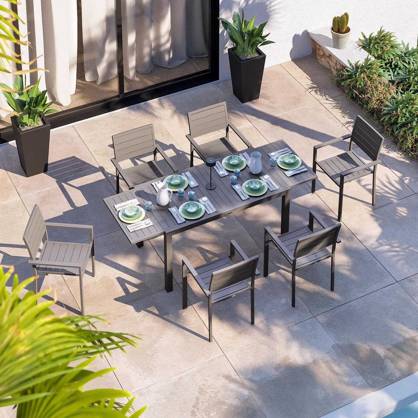 Tavolo da esterno allungabile 140/210x77 cm in alluminio tortora con top a doghe - Carioca