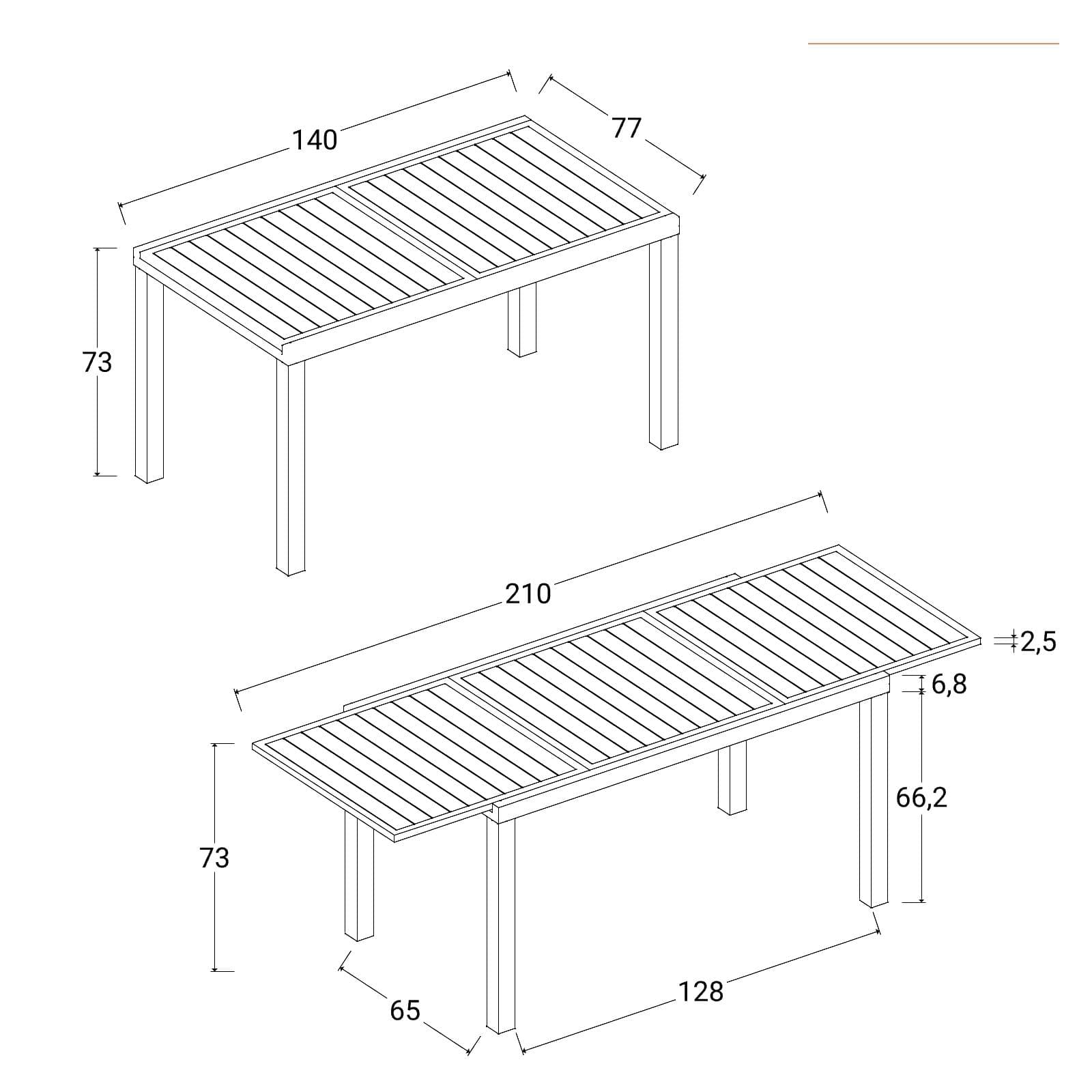 Tavolo da esterno allungabile 140/210x77 cm in alluminio tortora con top a doghe - Carioca