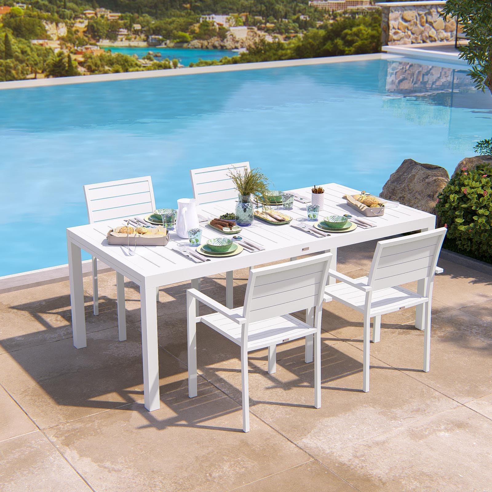 Tavolo da esterno allungabile 200/300x100 cm in alluminio bianco con top a doghe - Carioca