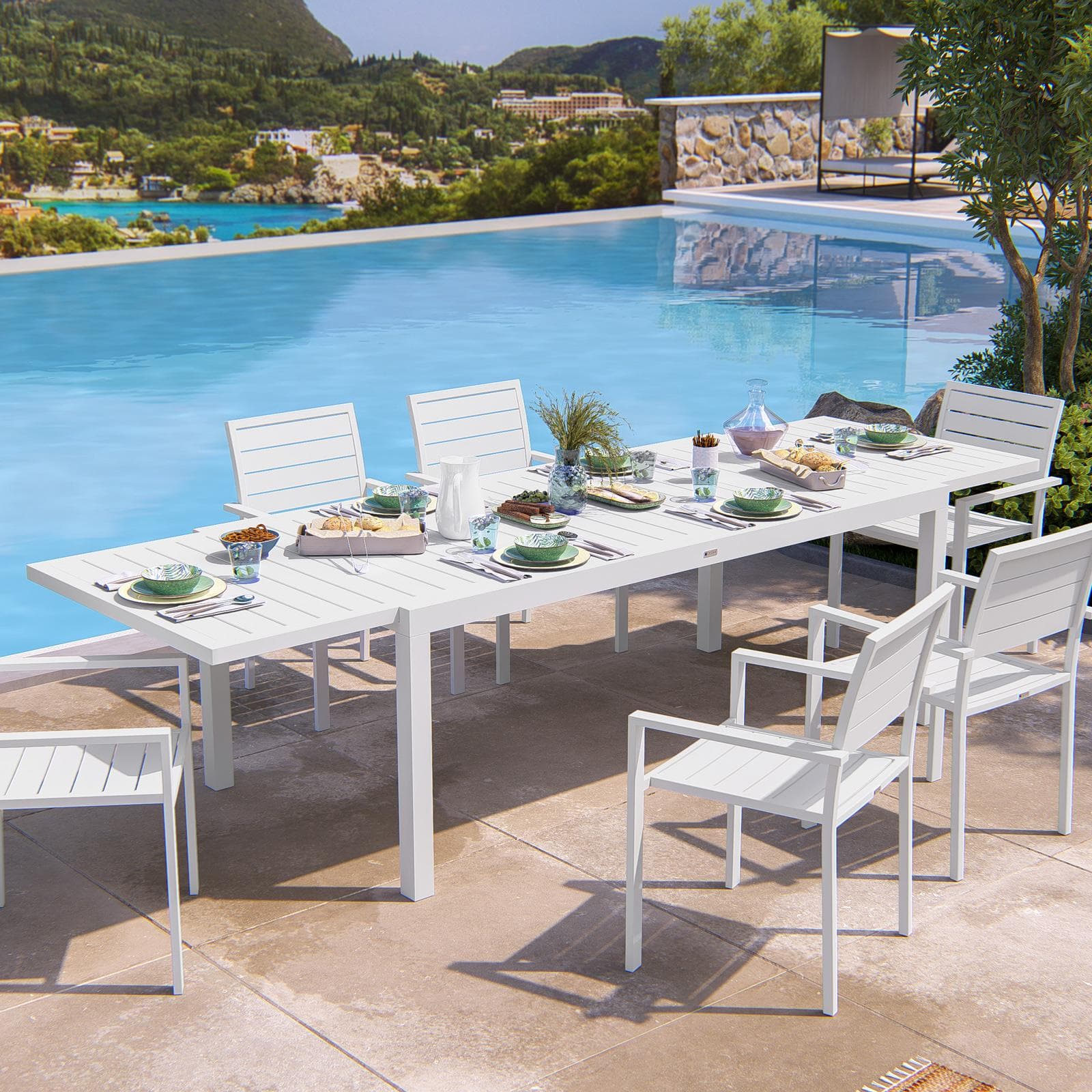 Tavolo da esterno allungabile 200/300x100 cm in alluminio bianco con top a doghe - Carioca