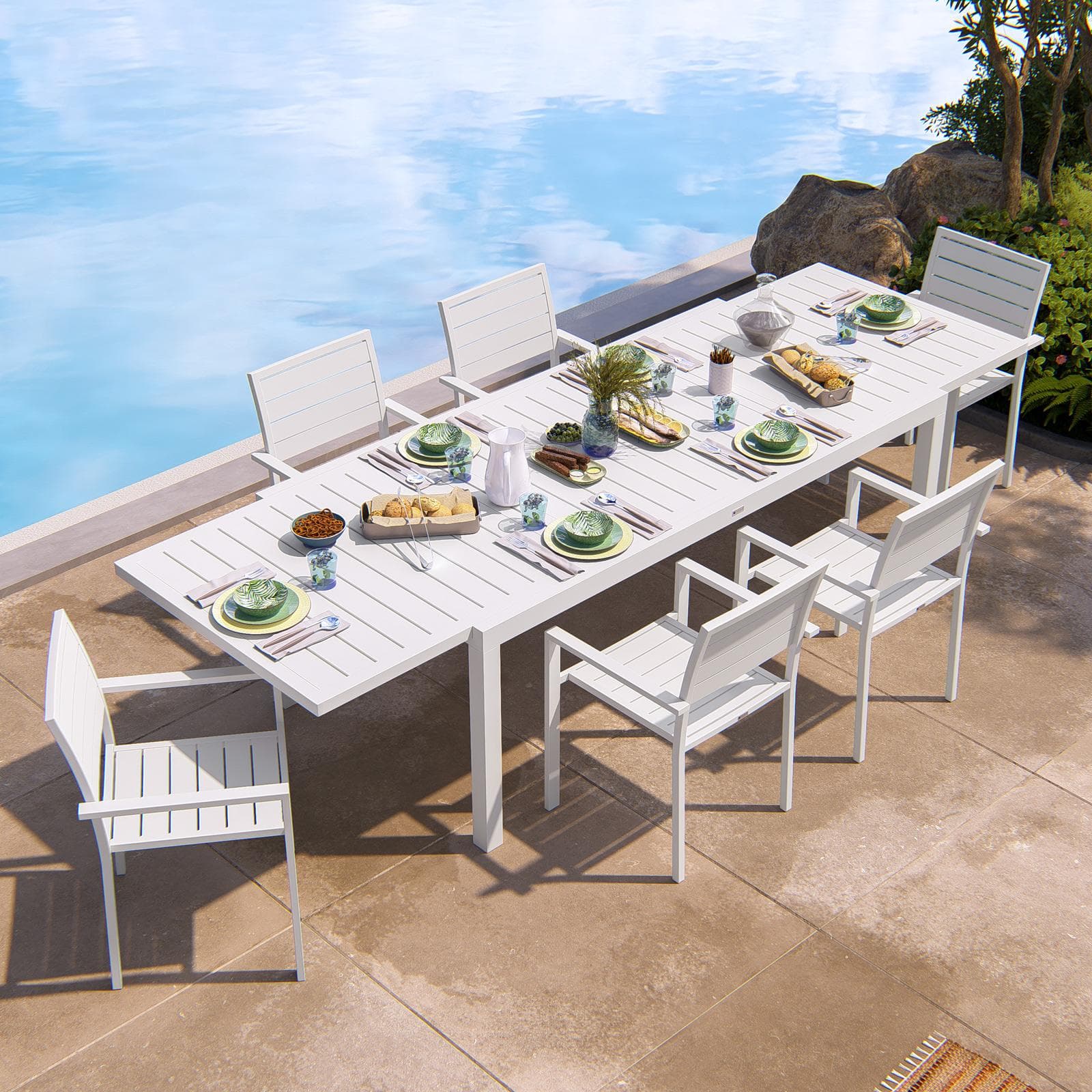 Tavolo da esterno allungabile 200/300x100 cm in alluminio bianco con top a doghe - Carioca