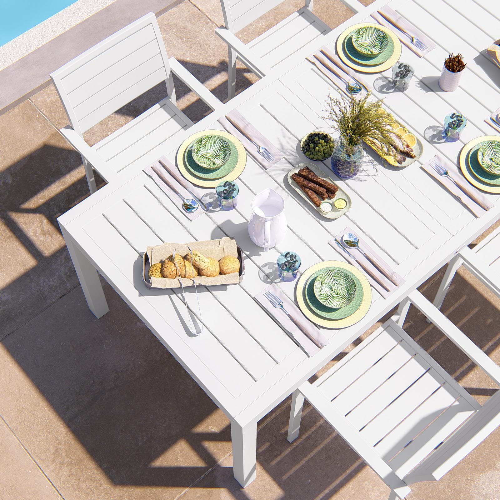 Tavolo da esterno allungabile 200/300x100 cm in alluminio bianco con top a doghe - Carioca