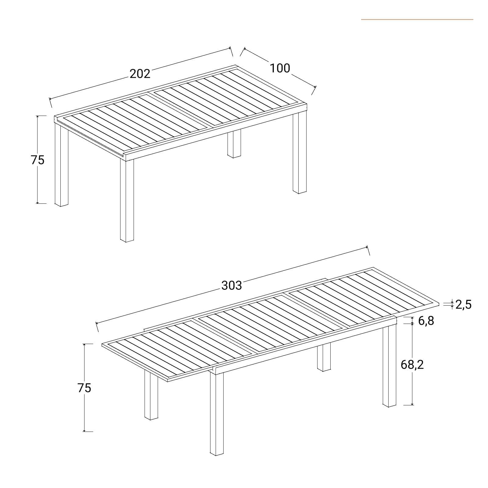Tavolo da esterno allungabile 200/300x100 cm in alluminio bianco con top a doghe - Carioca