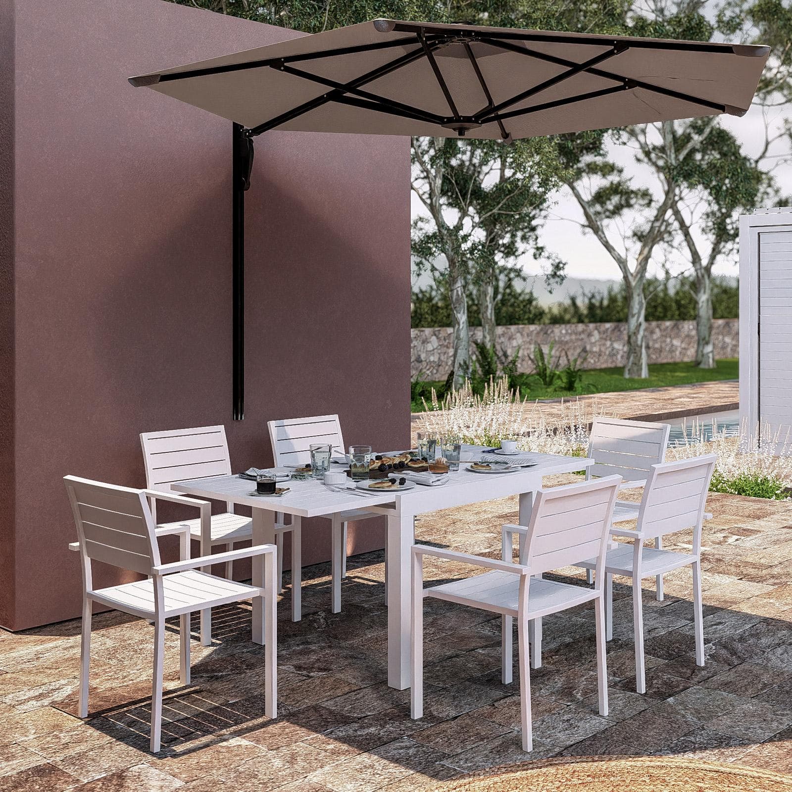 Tavolo da esterno allungabile 90/180x90 cm in alluminio bianco con top a doghe - Carioca