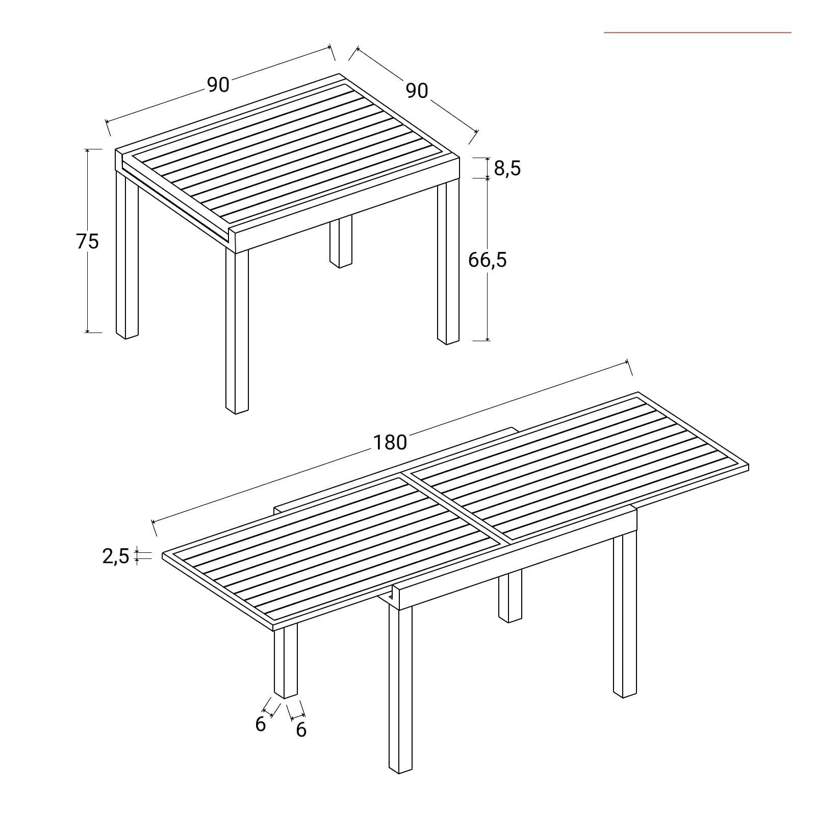 Tavolo da esterno allungabile 90/180x90 cm in alluminio bianco con top a doghe - Carioca