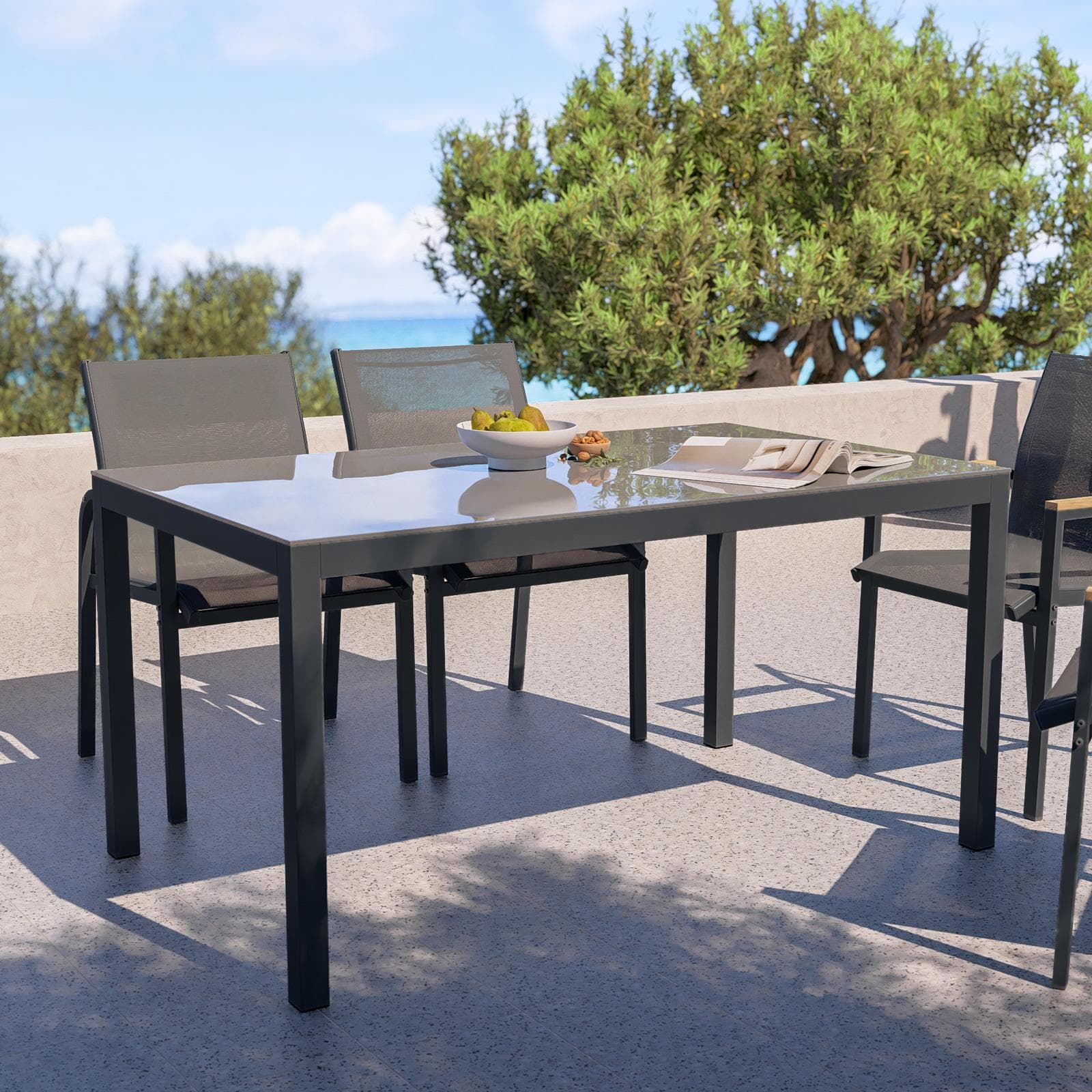 Tavolo da giardino 150x90 cm con top vetro temperato e acciaio grigio - Tamika