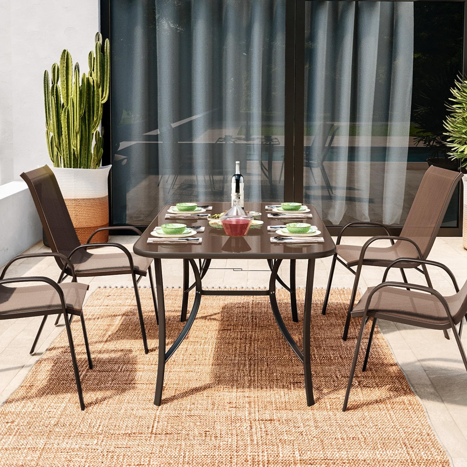 Tavolo da pranzo con top in vetro 150x90 cm in acciaio marrone con foro ombrellone - Ninfa