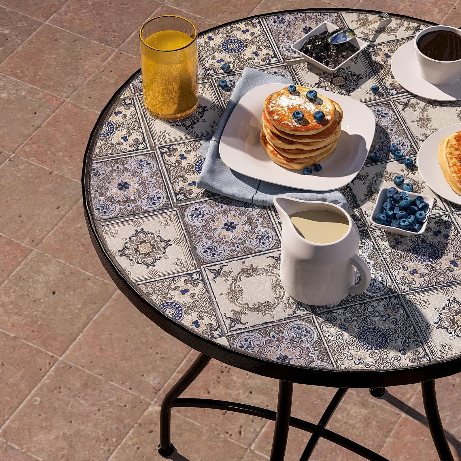 Tavolo da giardino rotondo 60 cm in metallo nero con decoro mosaico - Otranto