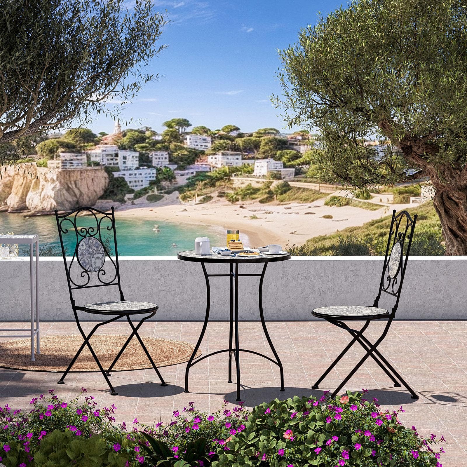 Tavolo da giardino rotondo 60 cm in metallo nero con decoro mosaico - Otranto