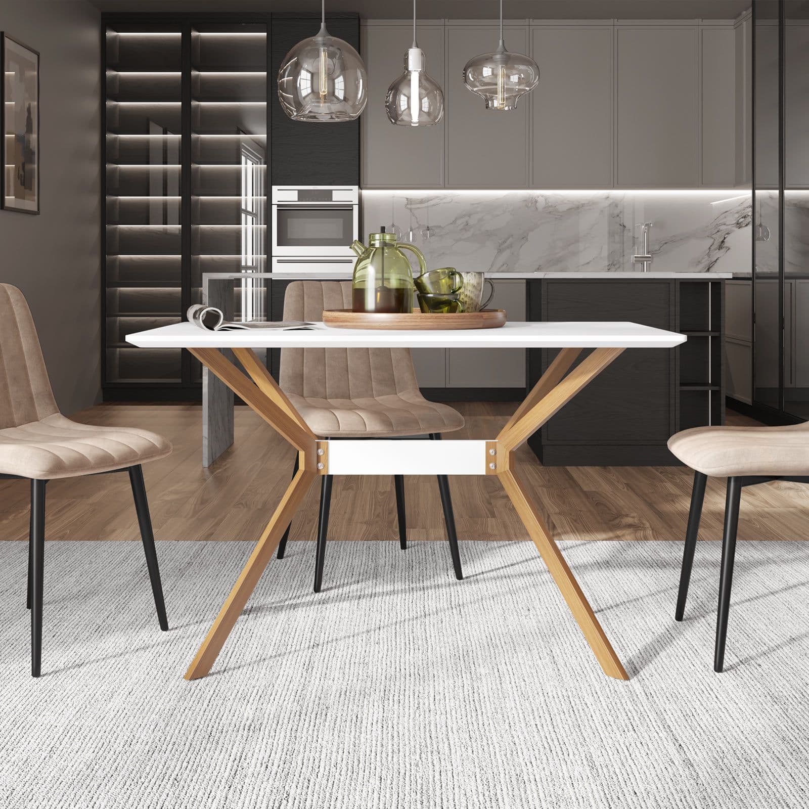 Tavolo da pranzo 120X75 cm con top in legno bianco e gambe in metallo effetto legno - Larson