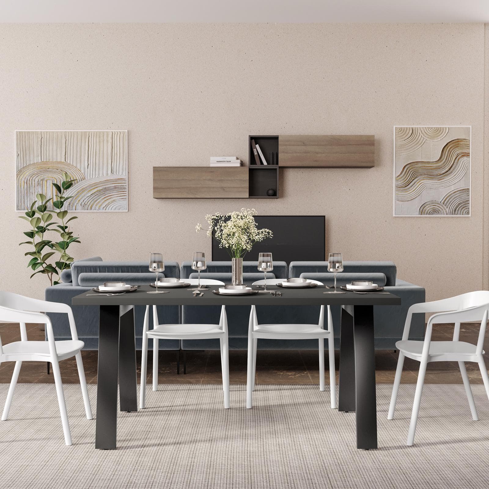 Tavolo da pranzo 150x70 cm top antracite 38 mm e gambe in metallo nero - Juls