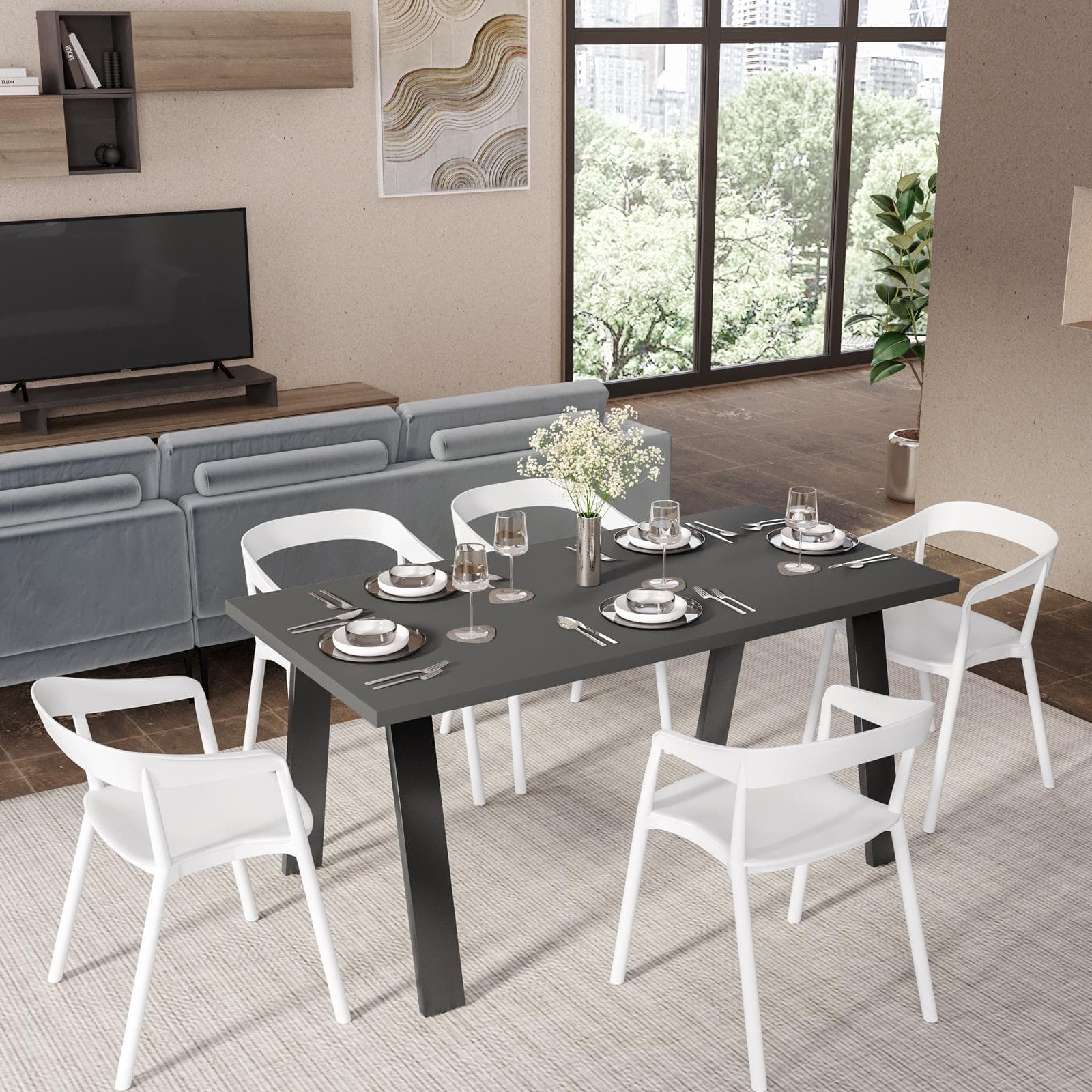 Tavolo da pranzo 150x70 cm top antracite 38 mm e gambe in metallo nero - Juls