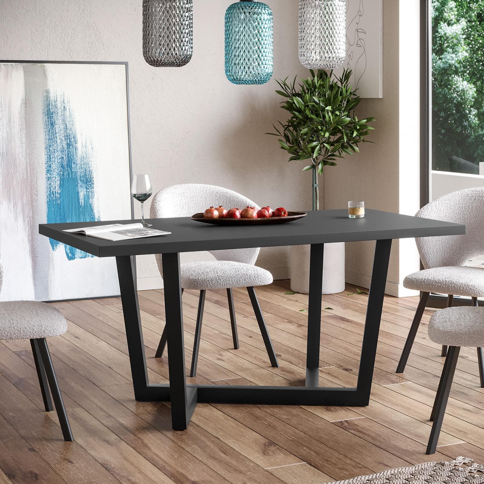 Tavolo da pranzo 150x70 cm top antracite 38 mm e gambe in metallo nero - Sedric