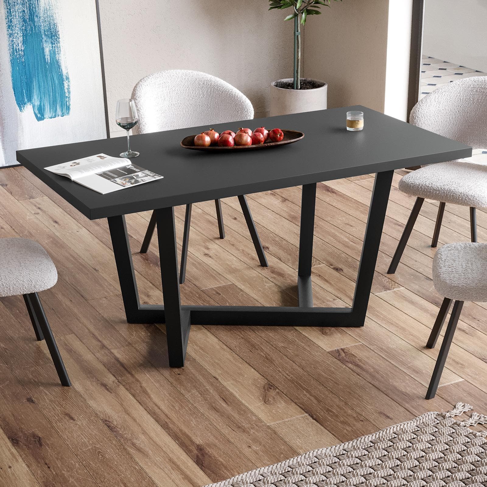 Tavolo da pranzo 150x70 cm top antracite 38 mm e gambe in metallo nero - Sedric