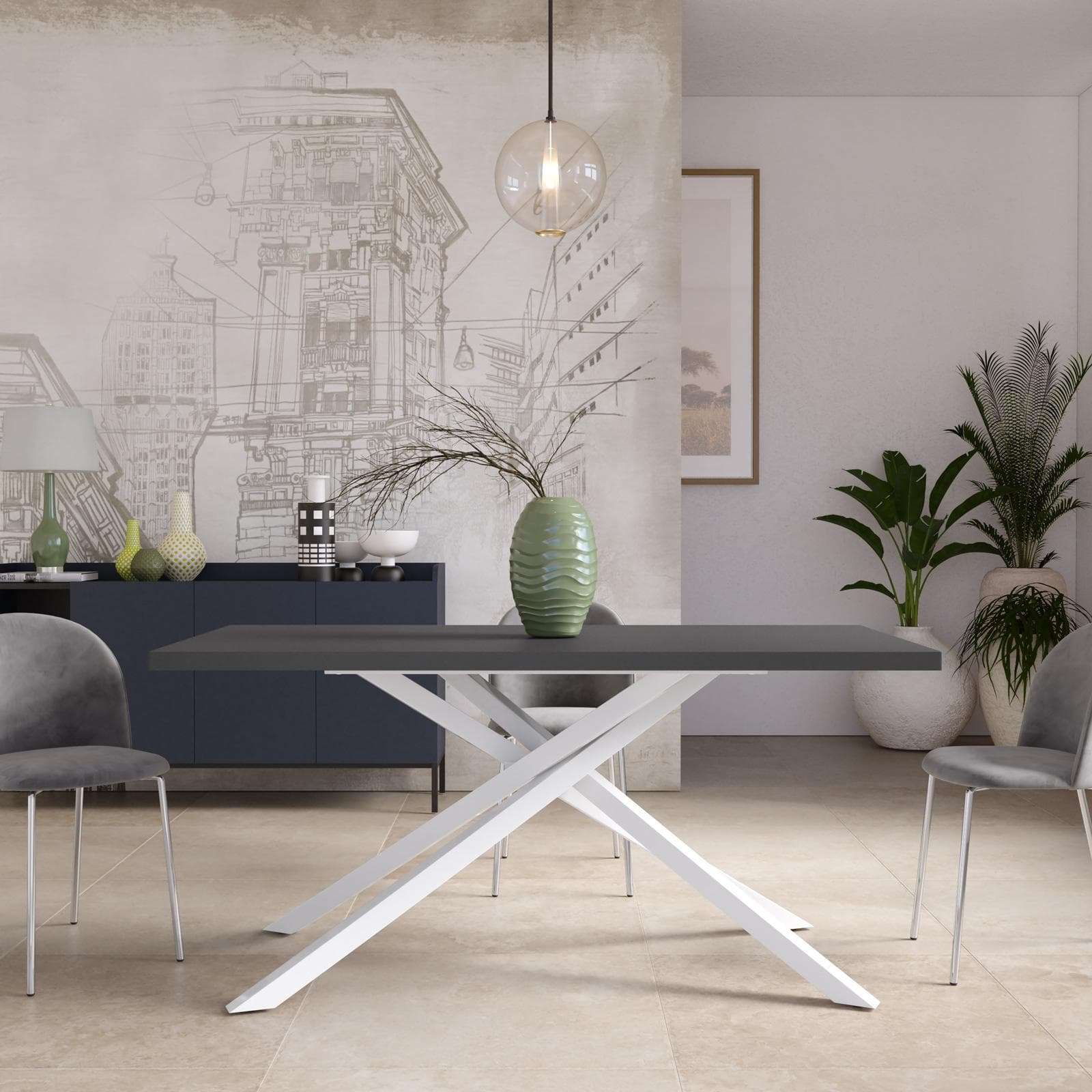Tavolo da pranzo 150x70 cm top antracite 38 mm e gambe incrociate in metallo bianco – Arkeo