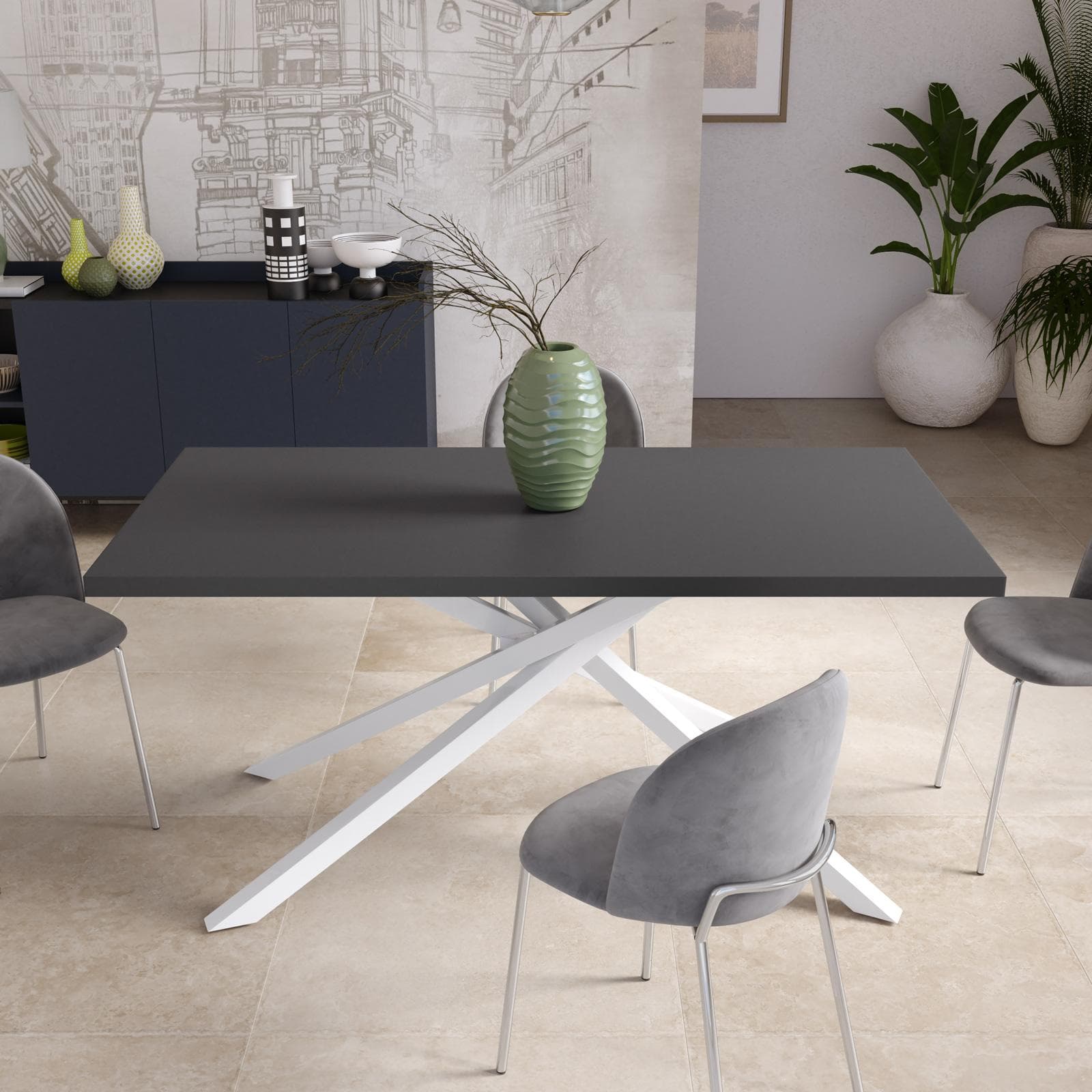 Tavolo da pranzo 150x70 cm top antracite 38 mm e gambe incrociate in metallo bianco – Arkeo