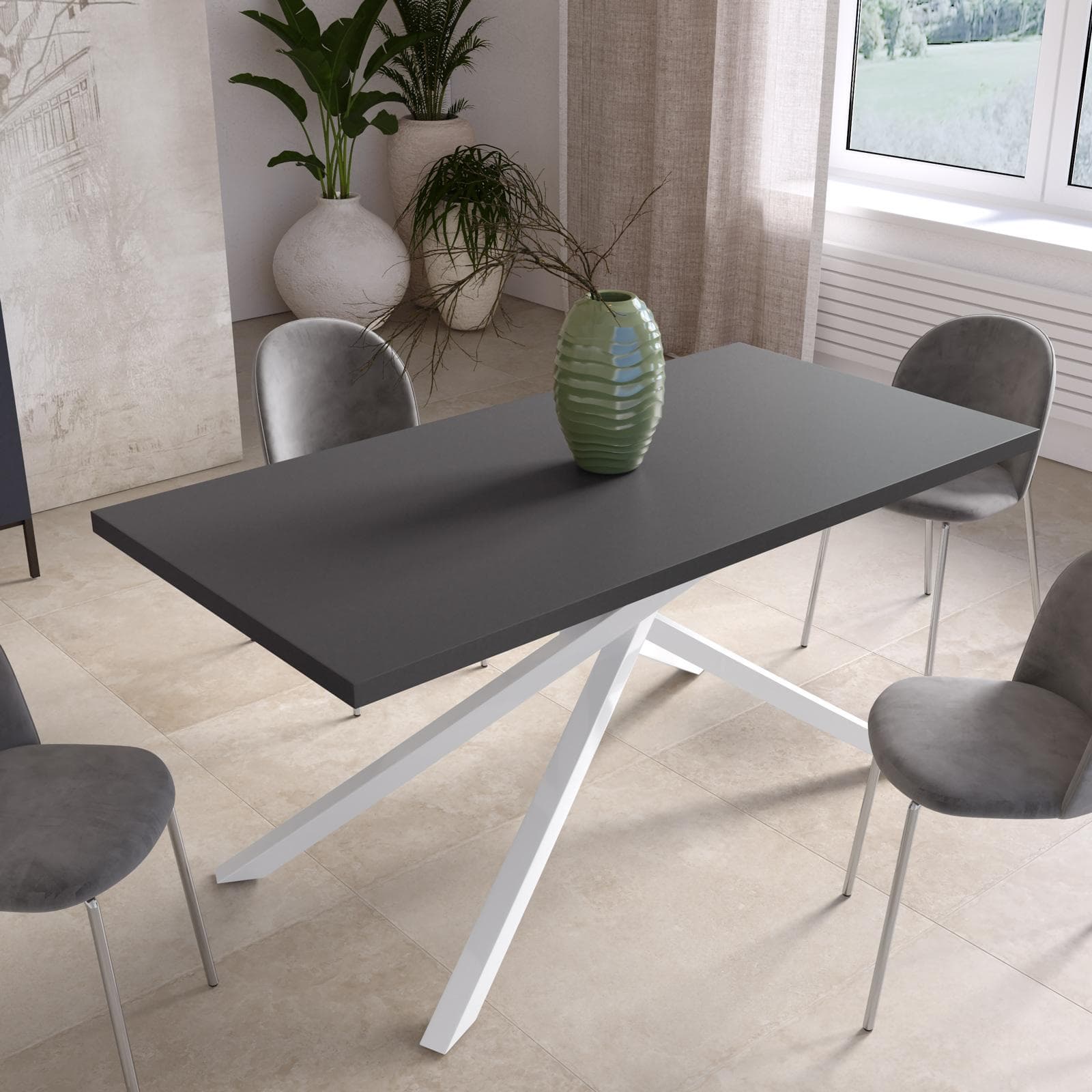 Tavolo da pranzo 150x70 cm top antracite 38 mm e gambe incrociate in metallo bianco – Arkeo