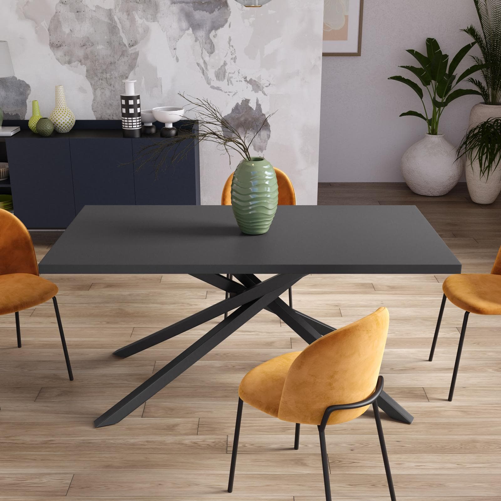 Tavolo da pranzo 150x70 cm top antracite 38 mm e gambe incrociate in metallo nero – Arkeo