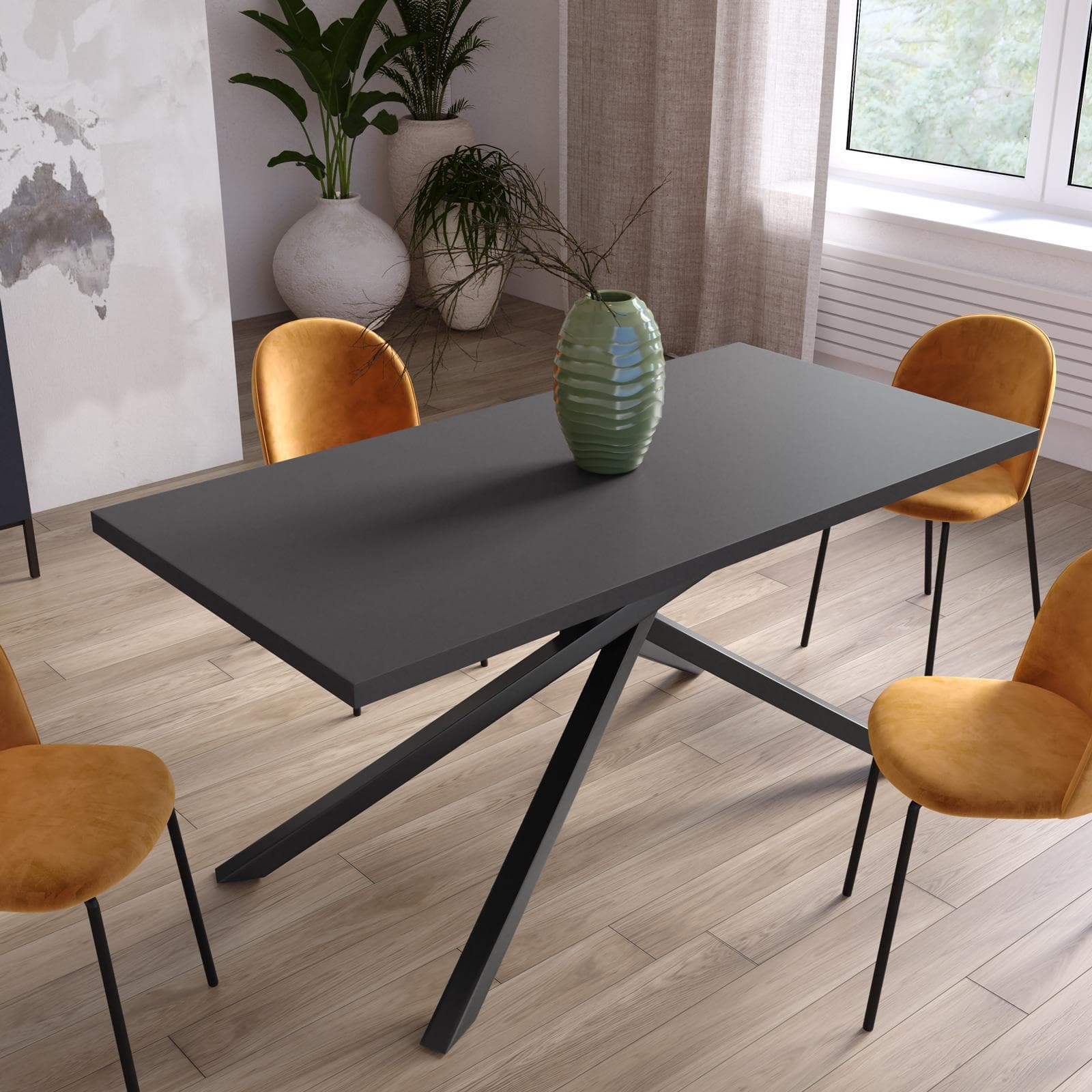 Tavolo da pranzo 150x70 cm top antracite 38 mm e gambe incrociate in metallo nero – Arkeo