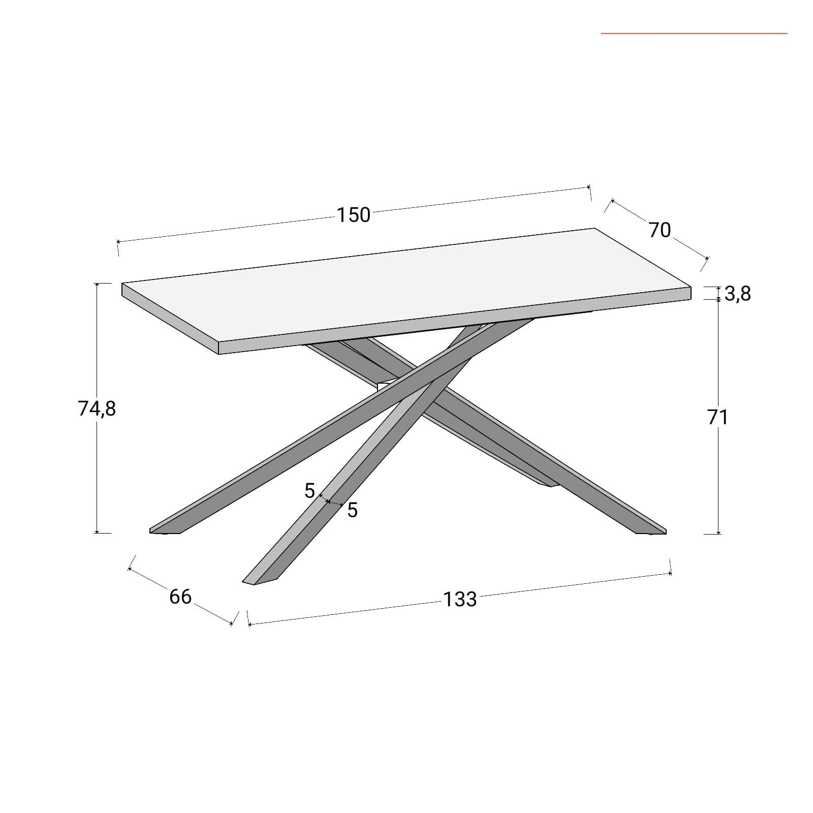 Tavolo da pranzo 150x70 cm top antracite 38 mm e gambe incrociate in metallo nero – Arkeo