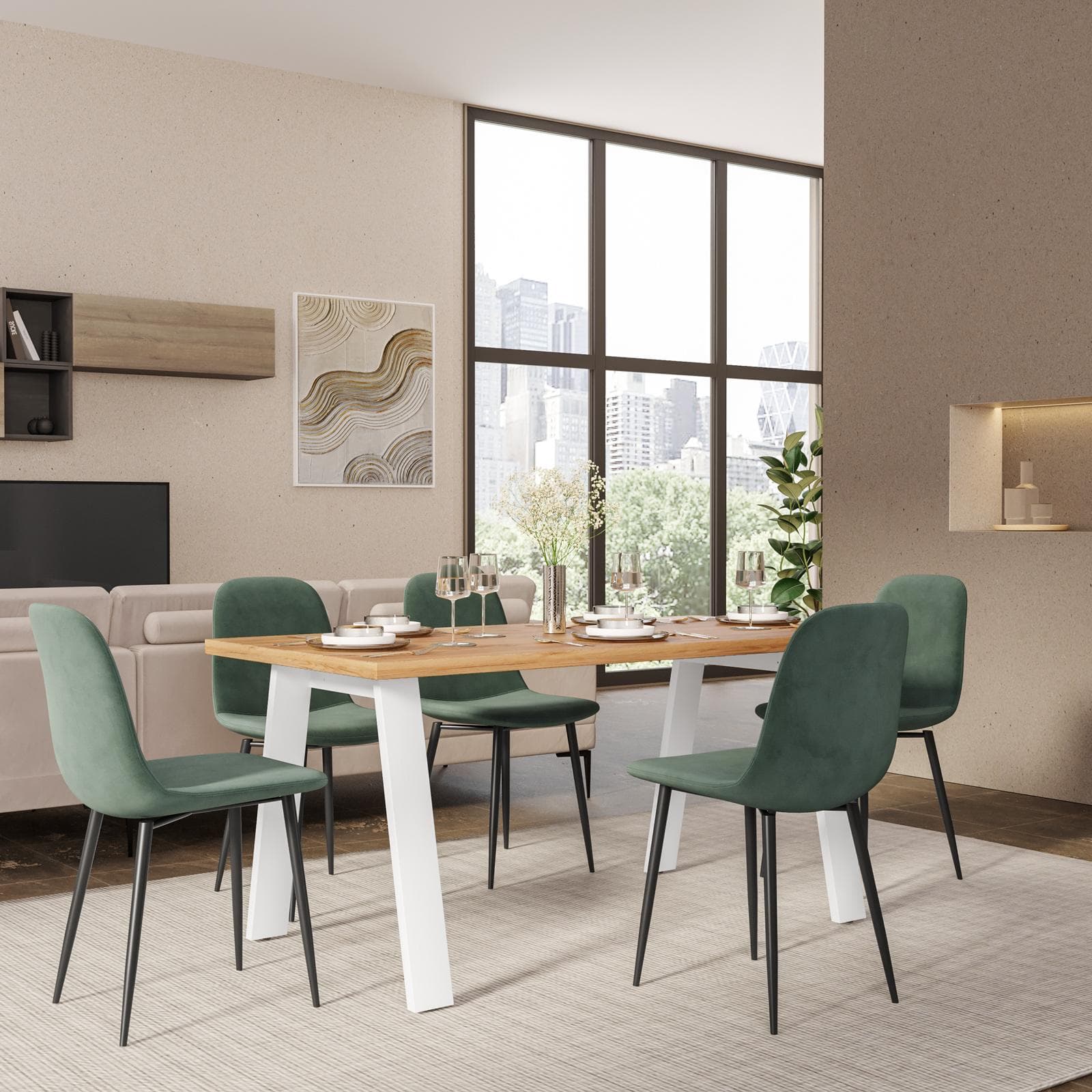 Tavolo da pranzo 150x70 cm top effetto rovere gold 38 mm e gambe in metallo bianco -Juls