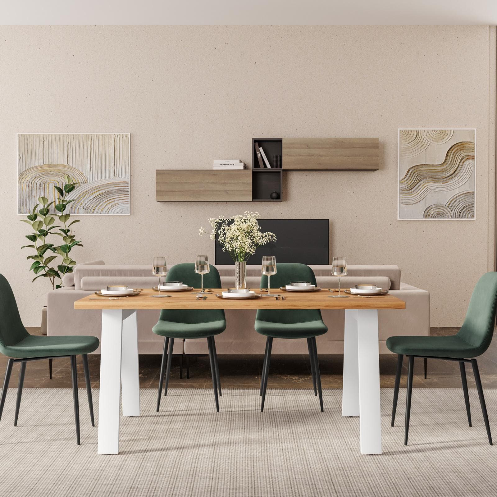 Tavolo da pranzo 150x70 cm top effetto rovere gold 38 mm e gambe in metallo bianco -Juls
