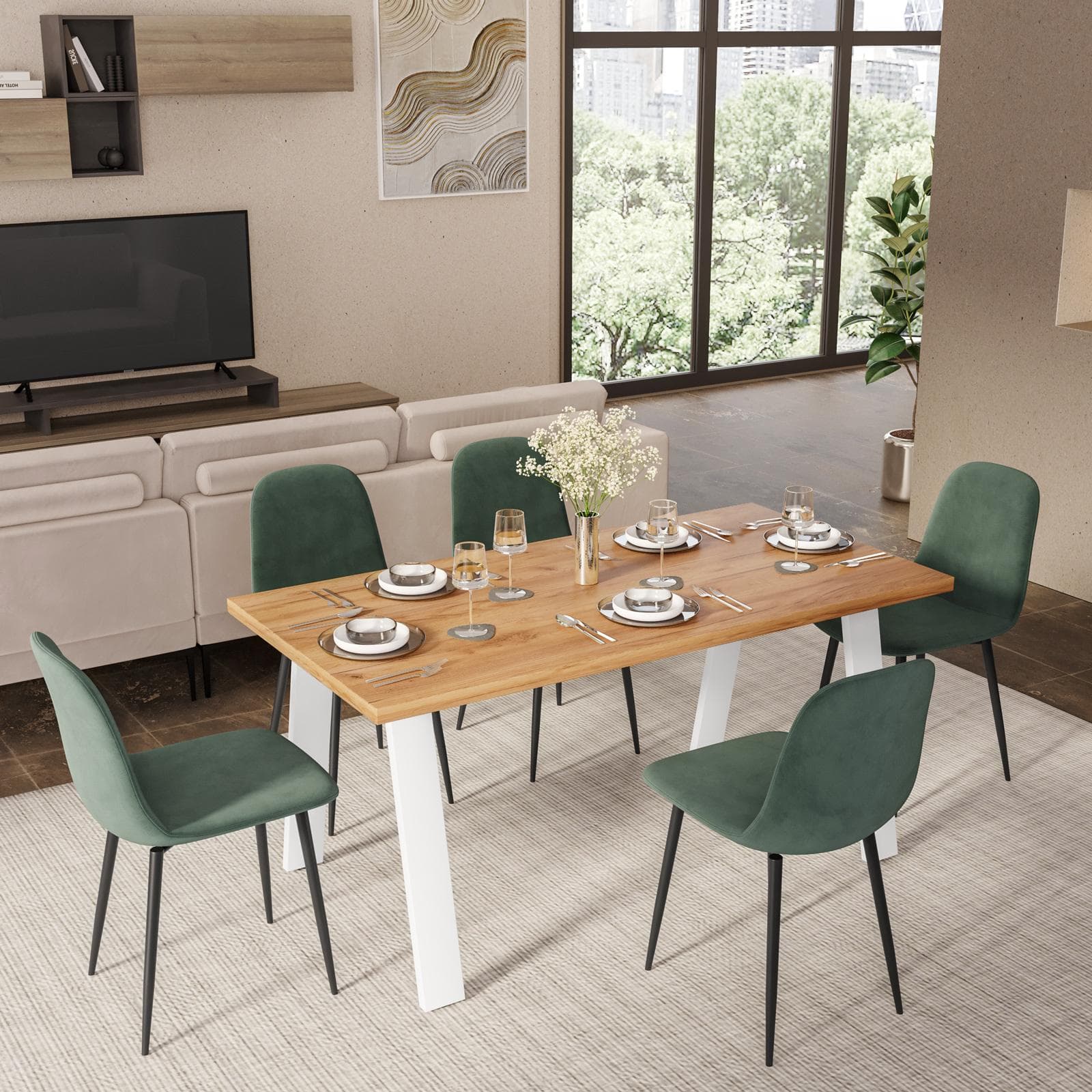 Tavolo da pranzo 150x70 cm top effetto rovere gold 38 mm e gambe in metallo bianco -Juls