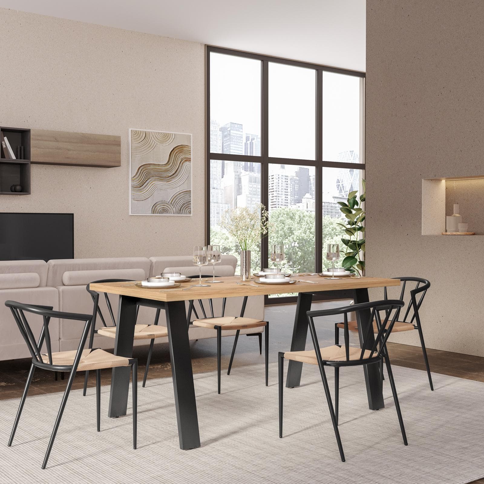 Tavolo da pranzo 150x70 cm top effetto rovere gold 38 mm e gambe in metallo nero - Juls