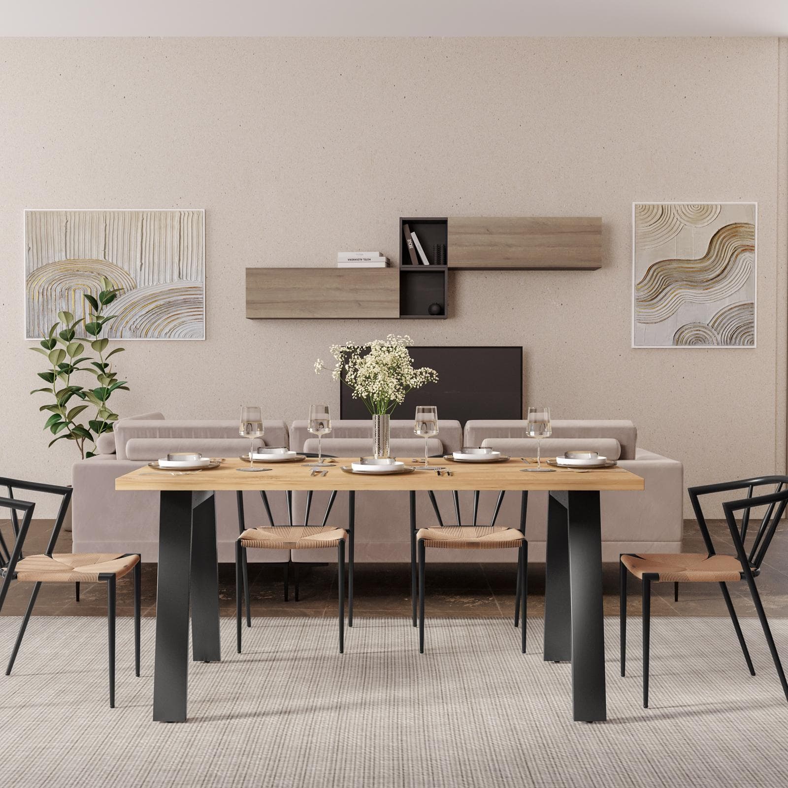 Tavolo da pranzo 150x70 cm top effetto rovere gold 38 mm e gambe in metallo nero - Juls
