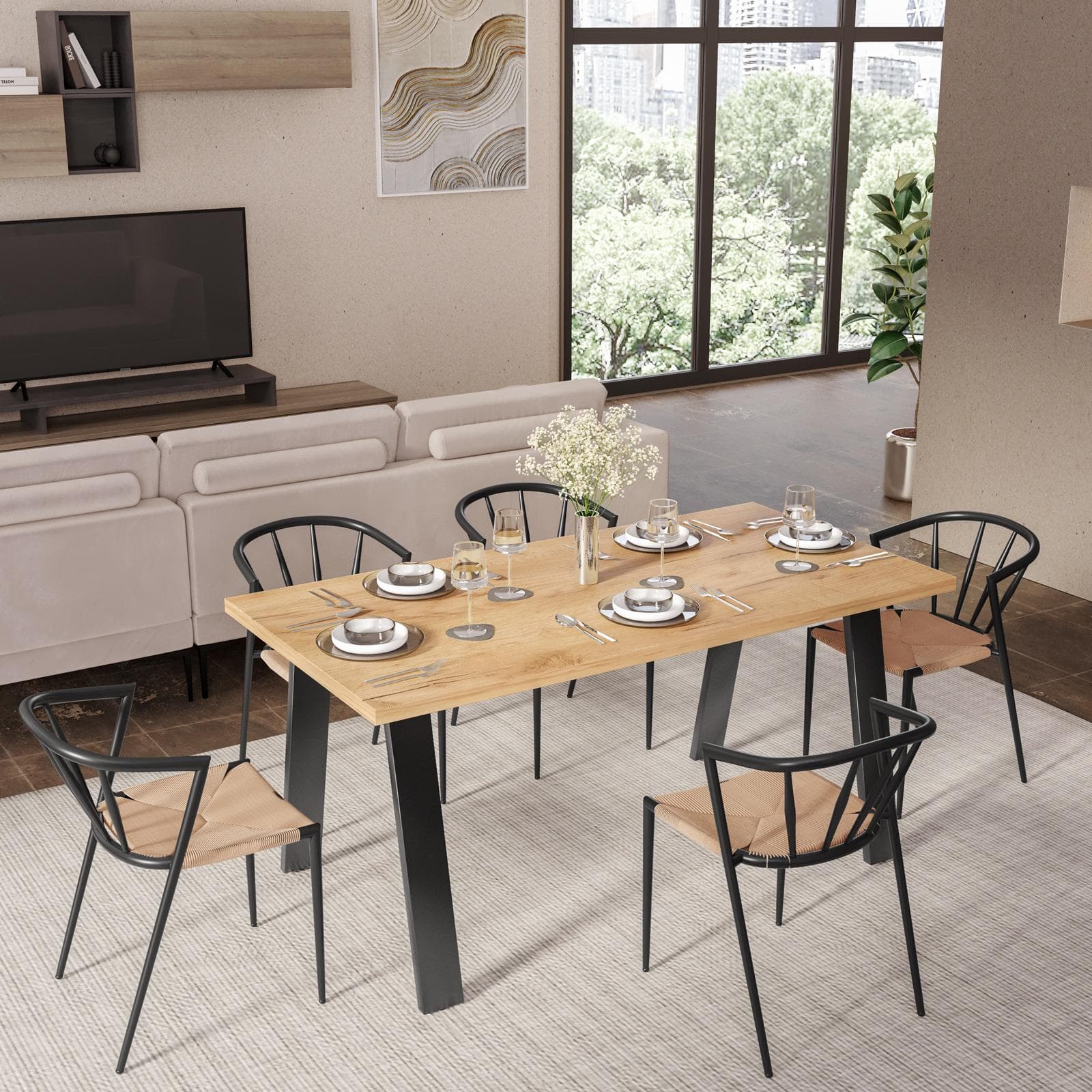 Tavolo da pranzo 150x70 cm top effetto rovere gold 38 mm e gambe in metallo nero - Juls